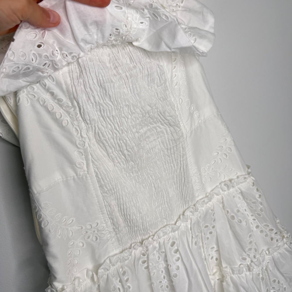 C24 Zara White Eyelet Embroidery Off The Shoulder Tiered Mini Dress Small - Picture 11 of 12